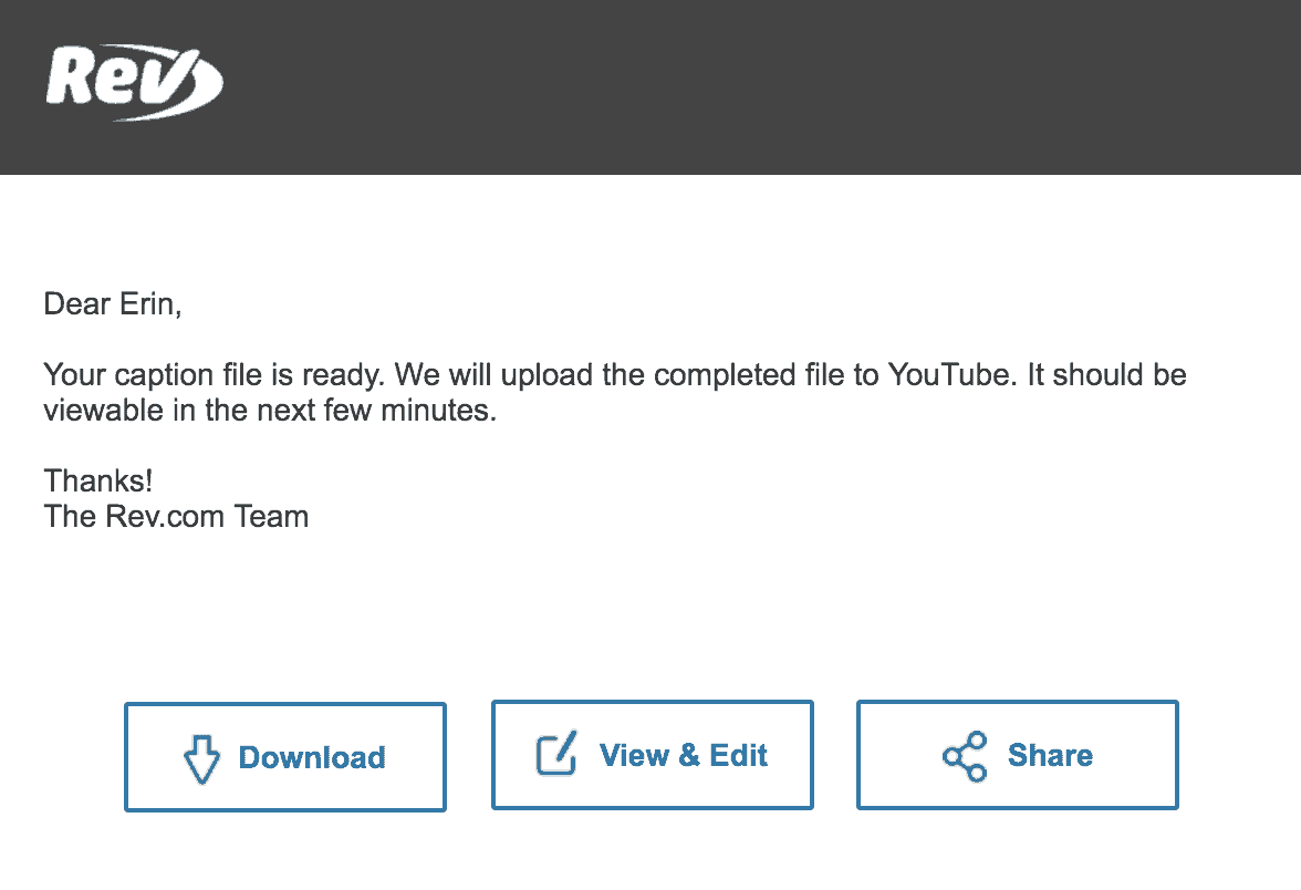 Automatically upload captions to YouTube email example