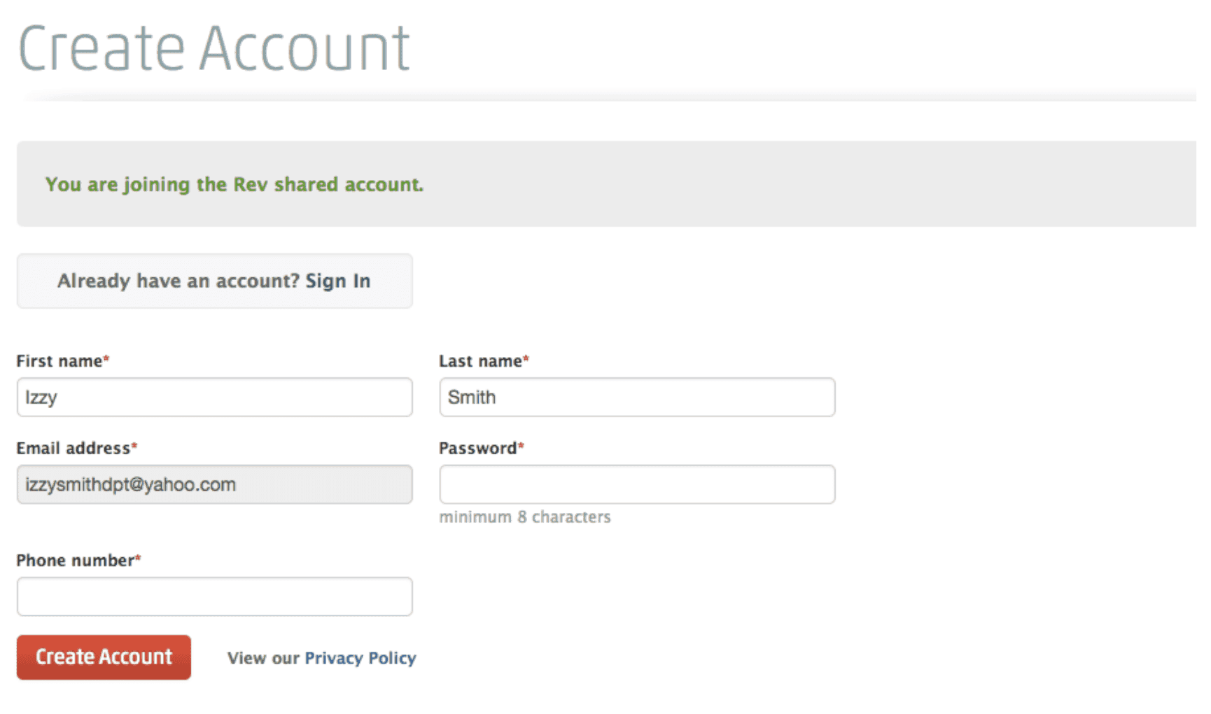 Create account with Rev