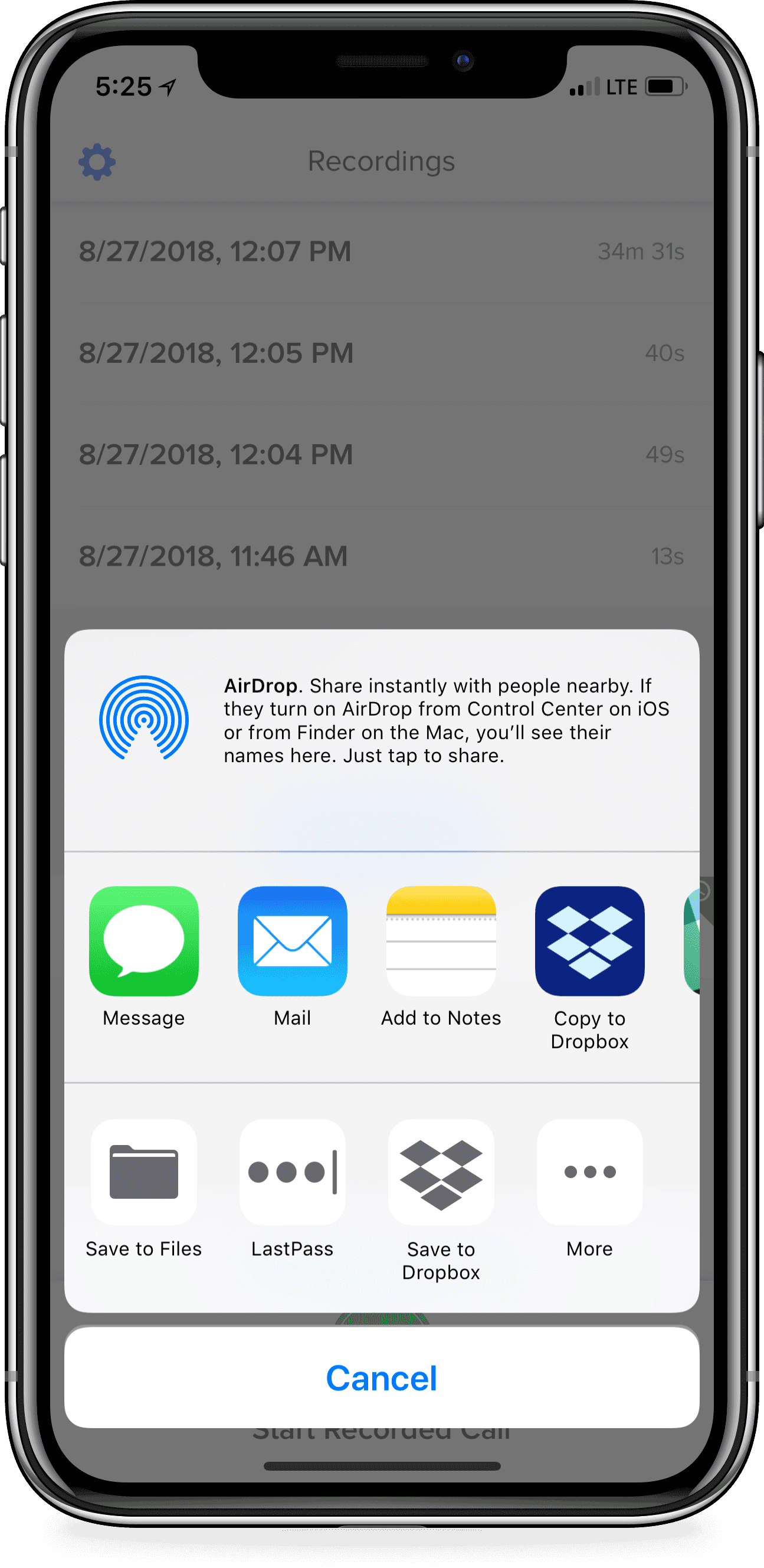 iPhone screen prompting a share files screen