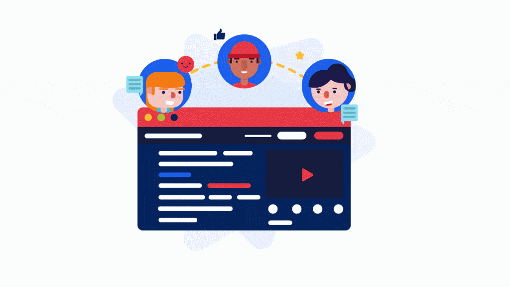 illustration of a three people on a team collaborating on a transcript