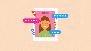Illustration of girl broadcasting a Facebook Live Stream video with emoji reactions