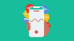 Hand holding up voice recorder app with illustrations of hello in various languages
