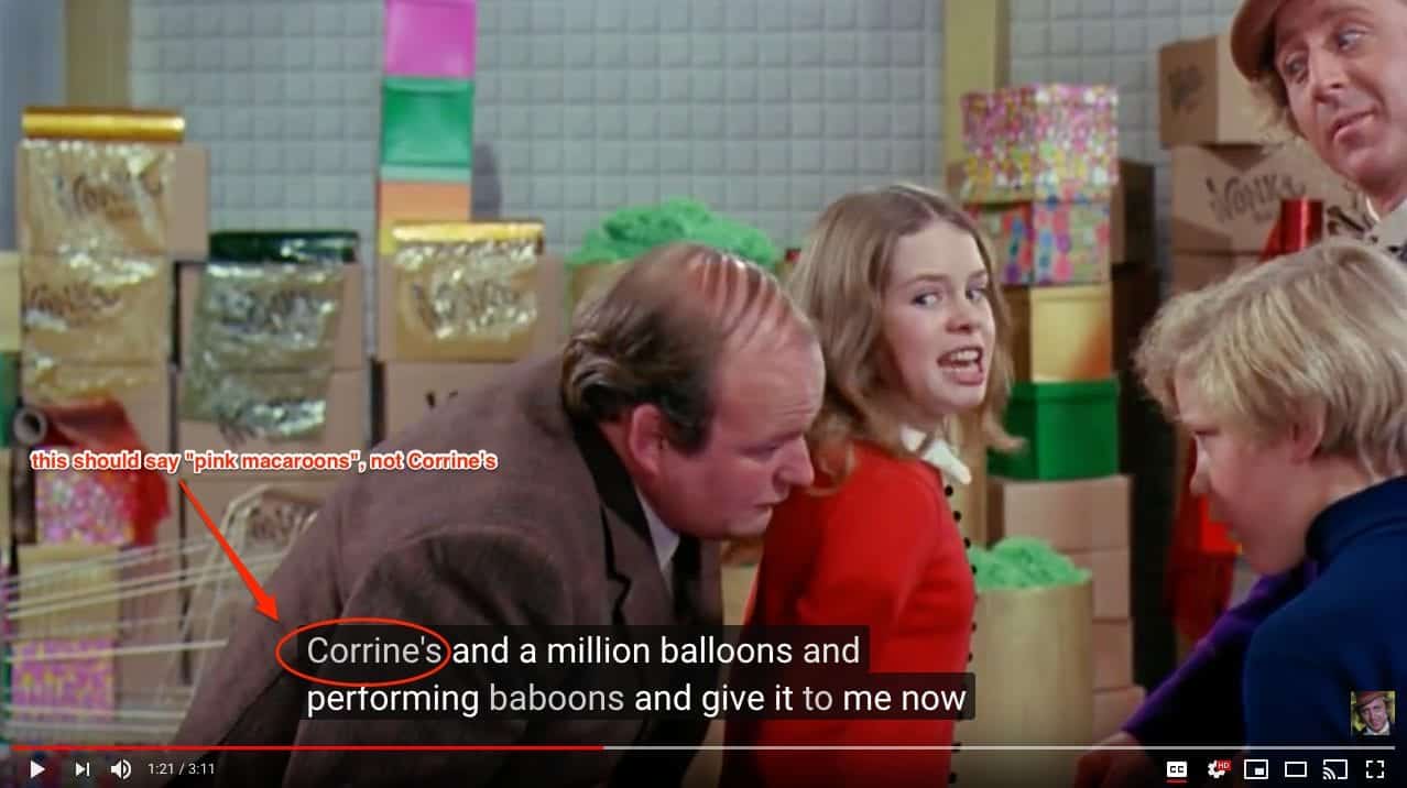 Charlie and the Chocolate Factory bad egg scene with Veruca Salt demanding a golden goose clip has incorrect captions