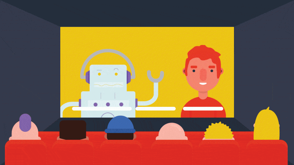 Illustration of a group of people watching an indie film in a theatre, on the screen is a robot and a red haired man