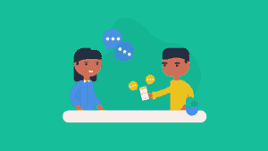illustration of a boy interviewing a girl and recording her answers on his phone using Rev Voice Recorder