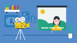 illustration of a woman being projected on a white screen in a home office