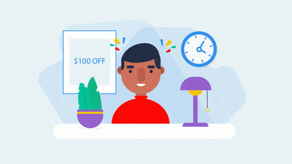 illustration of man happy behind a desk with a $100 off Rev offer