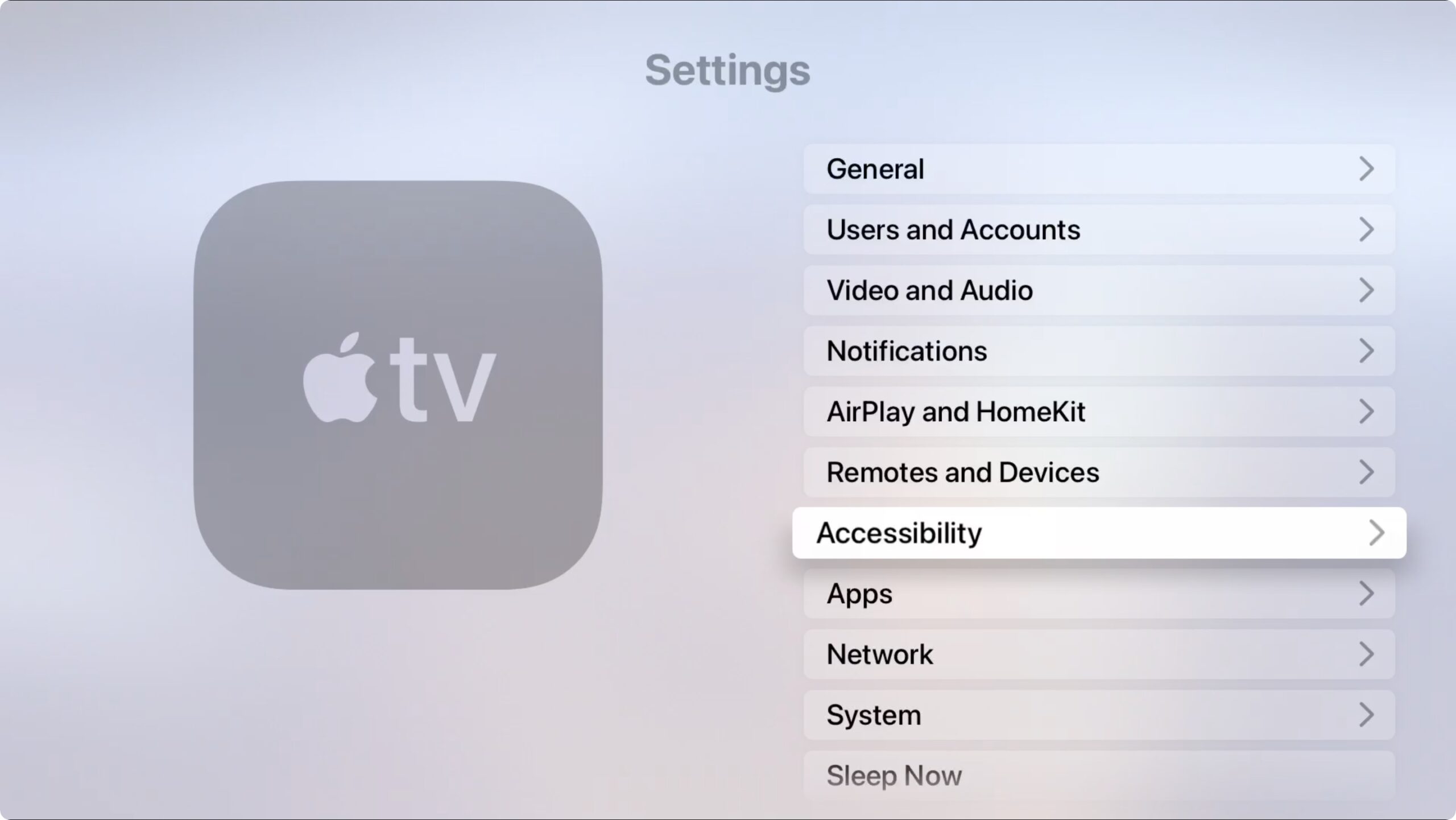 Screenshot of Apple TV Accessibility features. Step 1 of Apple TV subtitles management. 