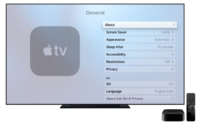 Screenshot of Apple TV general settings. Step 2 of Apple TV subtitles management.
