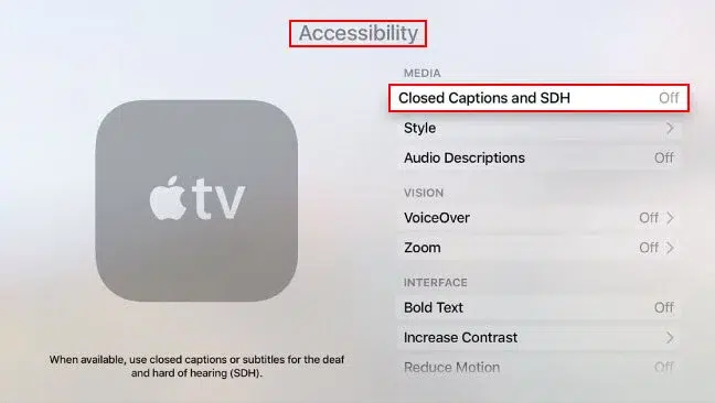 Screenshot of Apple TV subtitles and closed captions menu.