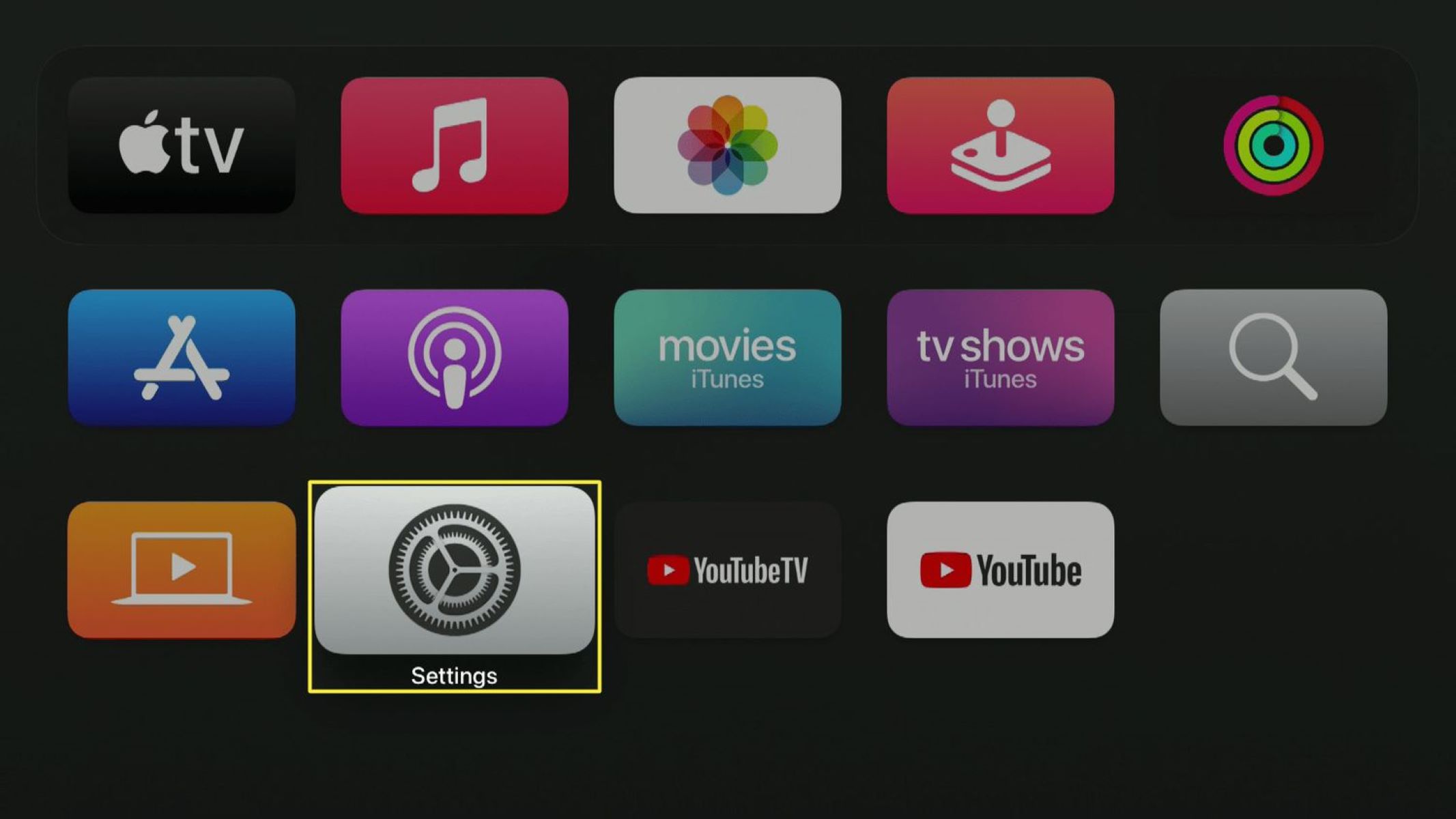 Screenshot of Apple TV settings gear icon. Step 1 of Apple TV subtitles management.