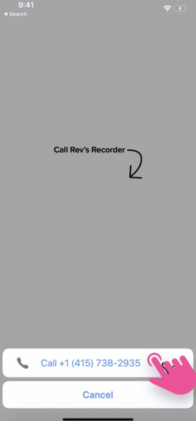 screenshot example of how to connect call to Rev's recording line on Rev Call Recorder app