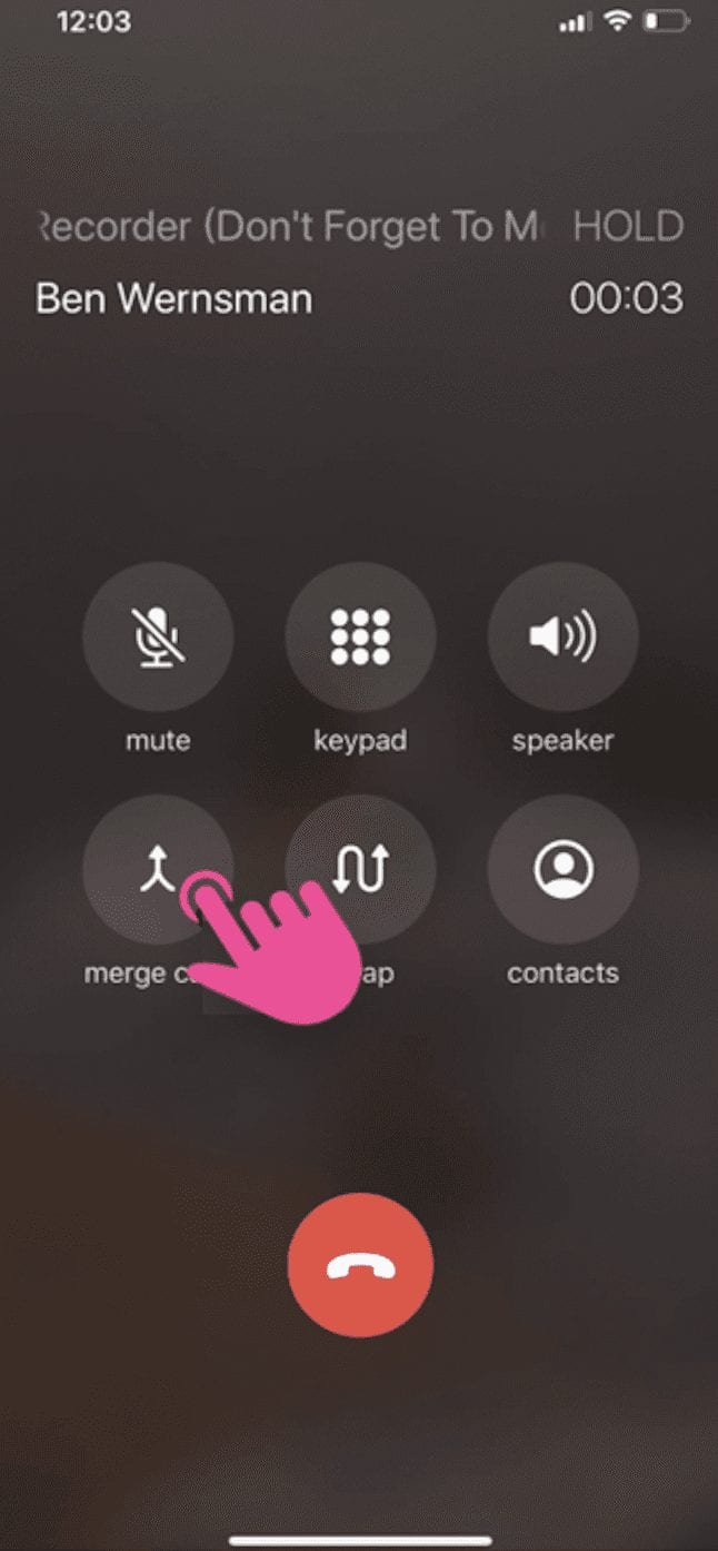 screenshot example of how to merge calls on Rev Call Recorder app