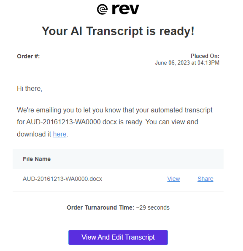 Rev AI Transcript Order Ready Email 