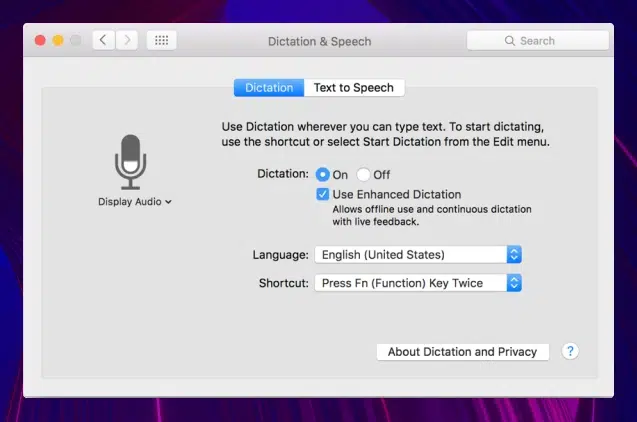 A screenshot of the Apple Dictation software in use.