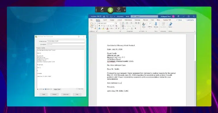 A screenshot of Dragon Pro dictation software in use.