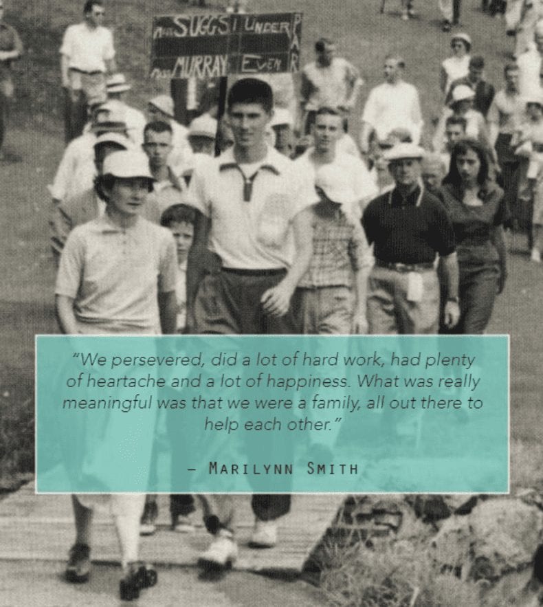An archival image with a quote overlaid on top, as part of a documentary pitch deck.