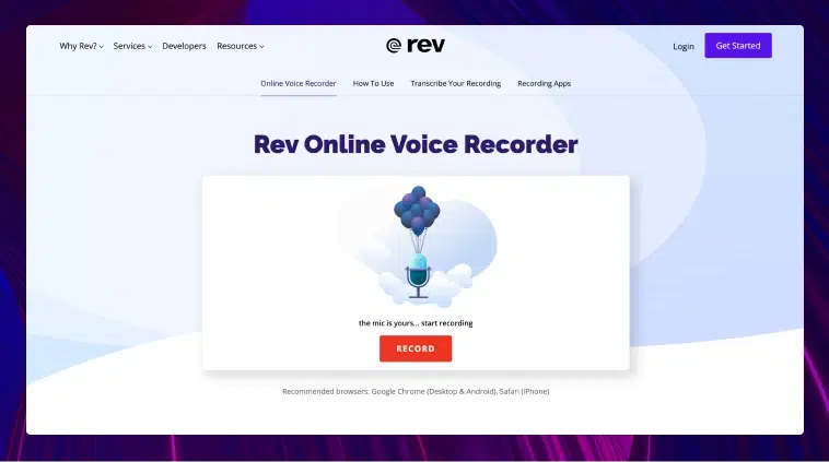The Rev Online Voice Recorder shown on a widescreen monitor.