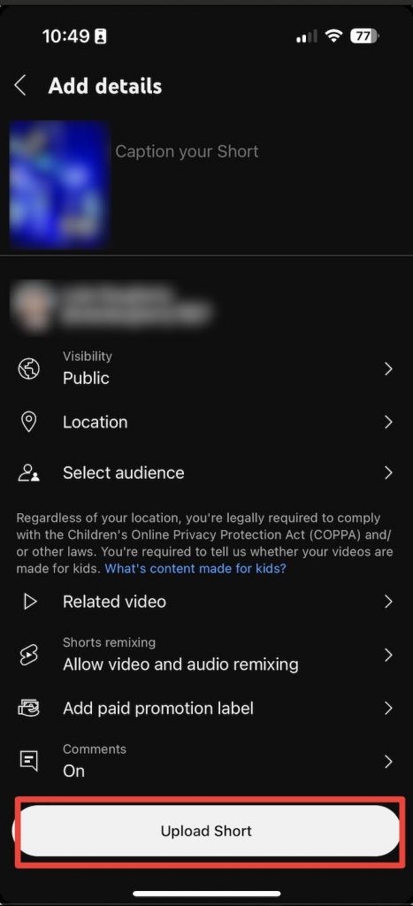 Blurred image of a details screen for a YouTube video upload in progress on a mobile device, with “Upload Short” highlighted.
