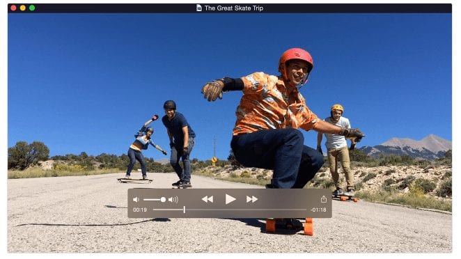 Screenshot of a video of longboarders on QuickTime, showing how to manage QuickTime subtitles and captions.