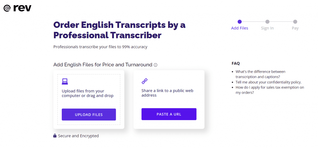Checkout screen of Rev’s transcription services, a way to convert M4A to text.