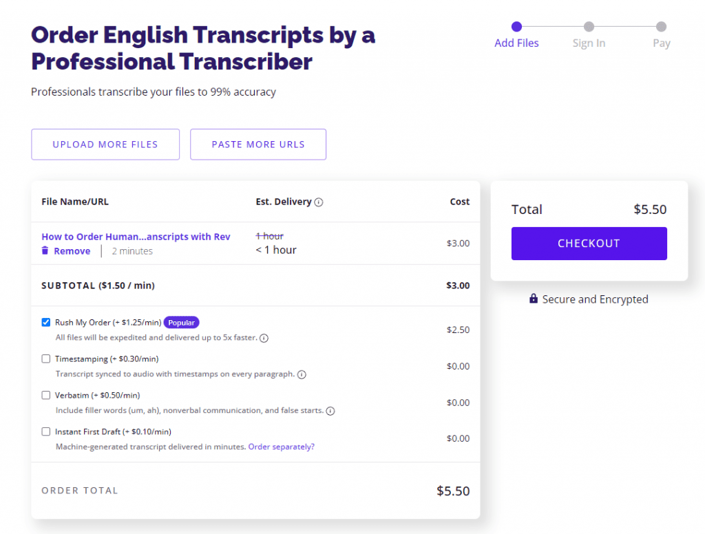 English Transcripts - List of files uploaded for rush transcription order and subtotal at checkout