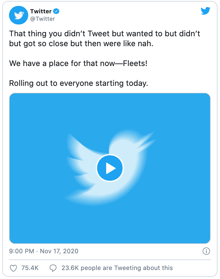 Screenshot of official Tweet from Twitter announcing the launch of Fleets. 