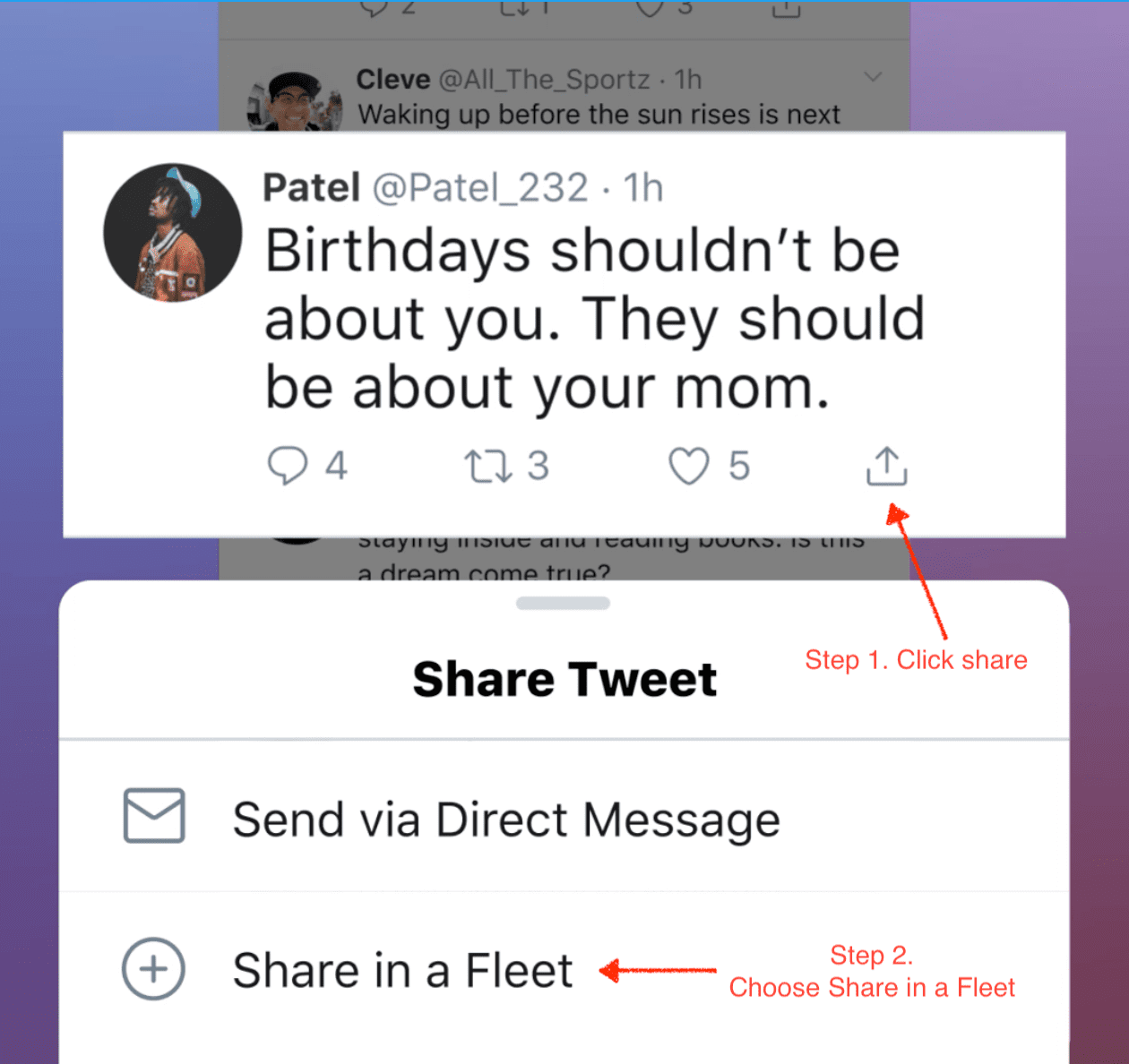 Screenshot of tweet with an arrow pointing to share button.