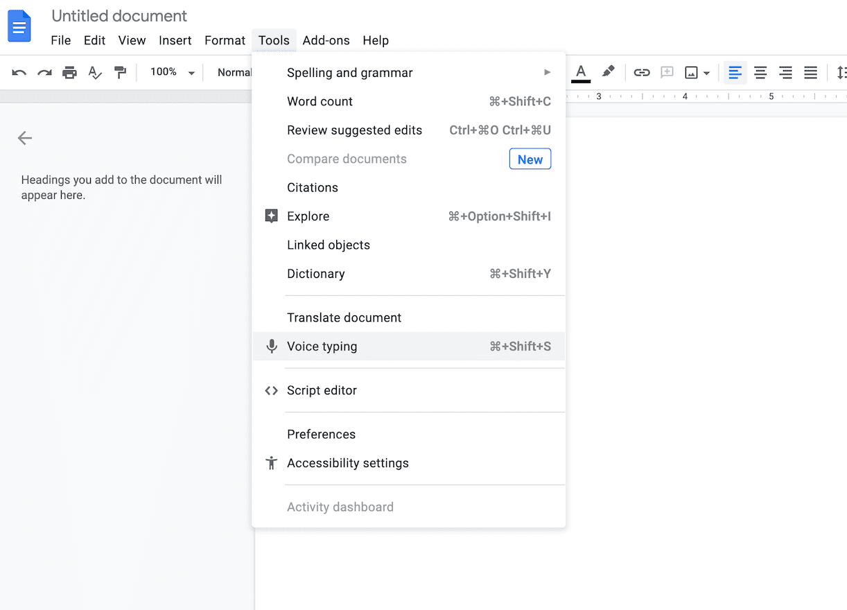 Google Docs Tools menu dropping down with the Voice Typing option highlighted.