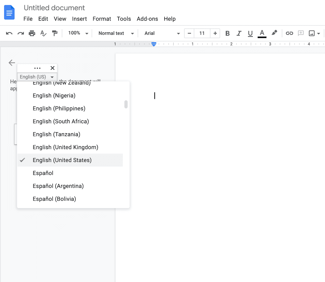 Language selection menu for Google Docs Voice Typing feature.