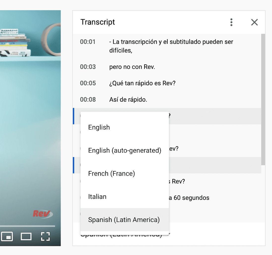 User toggling language options for foreign language subtitles on a YouTube video.