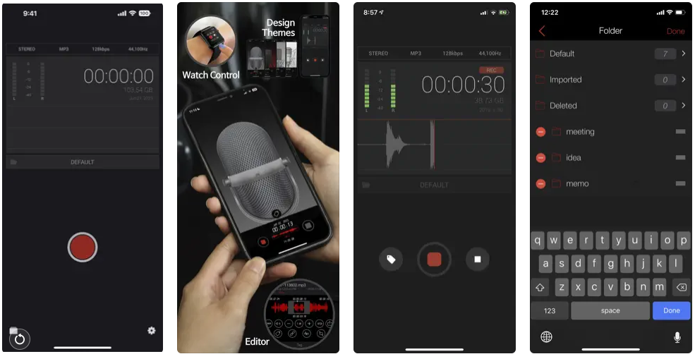 Screenshots of the interface of AVR, a voice recorder app.