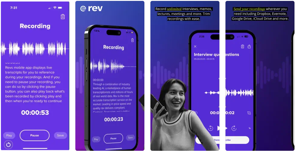 A series of screenshots depicting the UI of the Rev voice recorder app, showing several phones with recording happening on the screen.