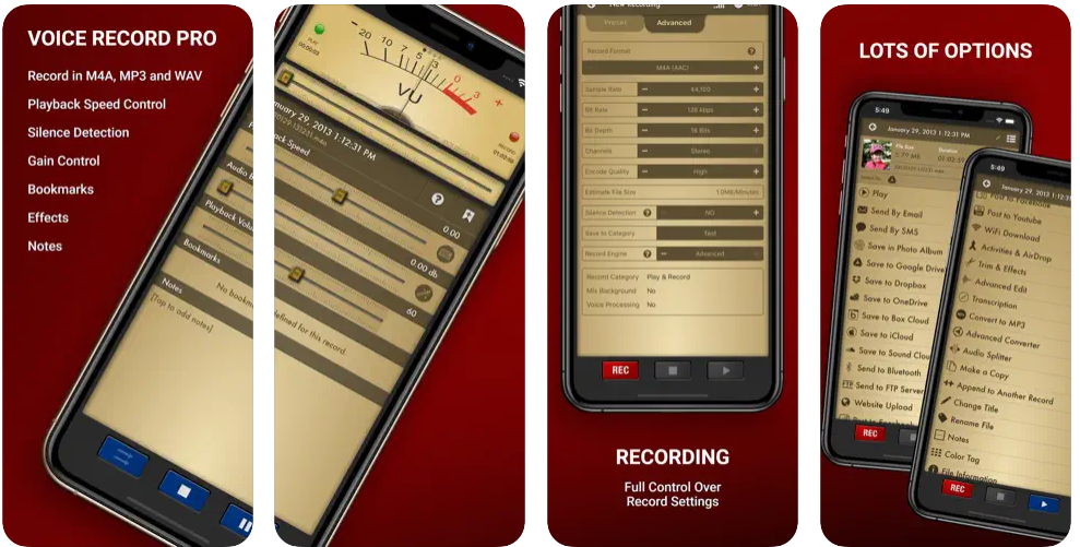 Screenshots of AudioShare and Multi-Track Song Recorder, two voice recorder apps for musicians.