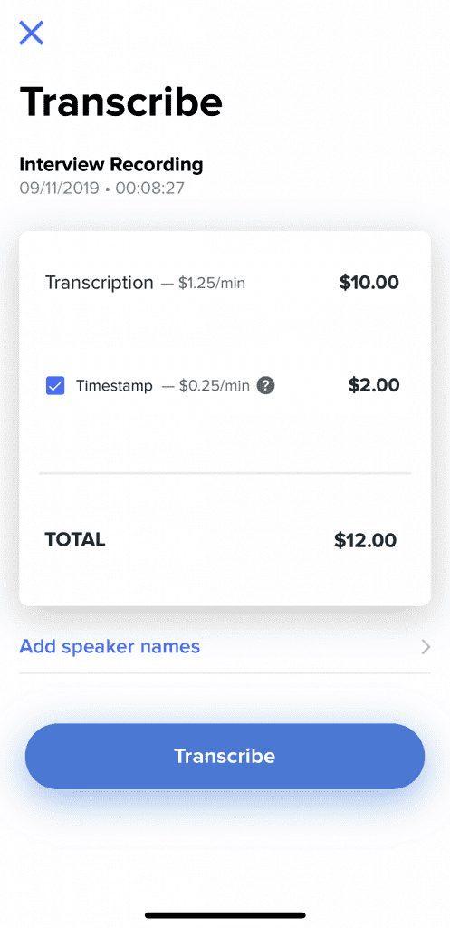 View of the checkout page on an app that allows users to transcribe voice memos.