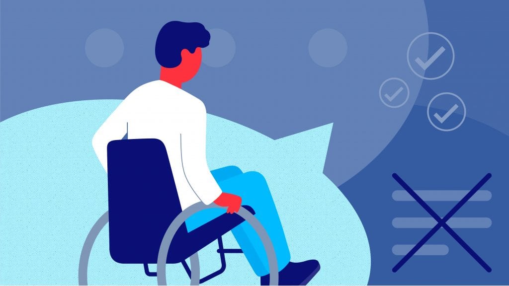 A man sitting in wheelchair, overlaid atop a dialog bubble, surrounded by various closed captions symbols. Illustration uses various shares of blue.