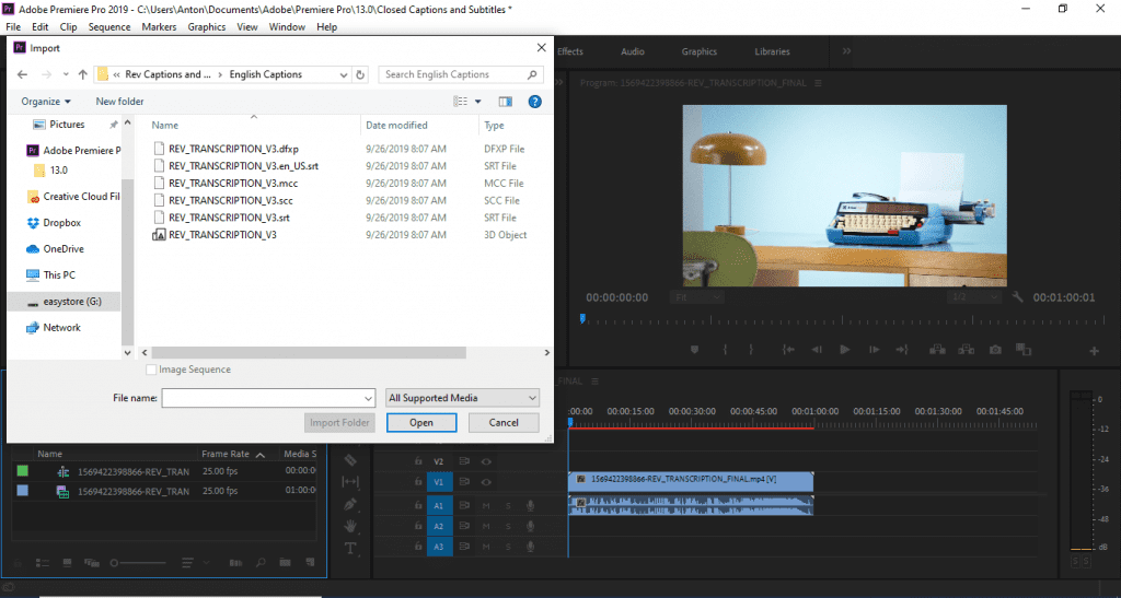 Screenshot of Adobe Premiere Pro subtitles and captions importing process.
