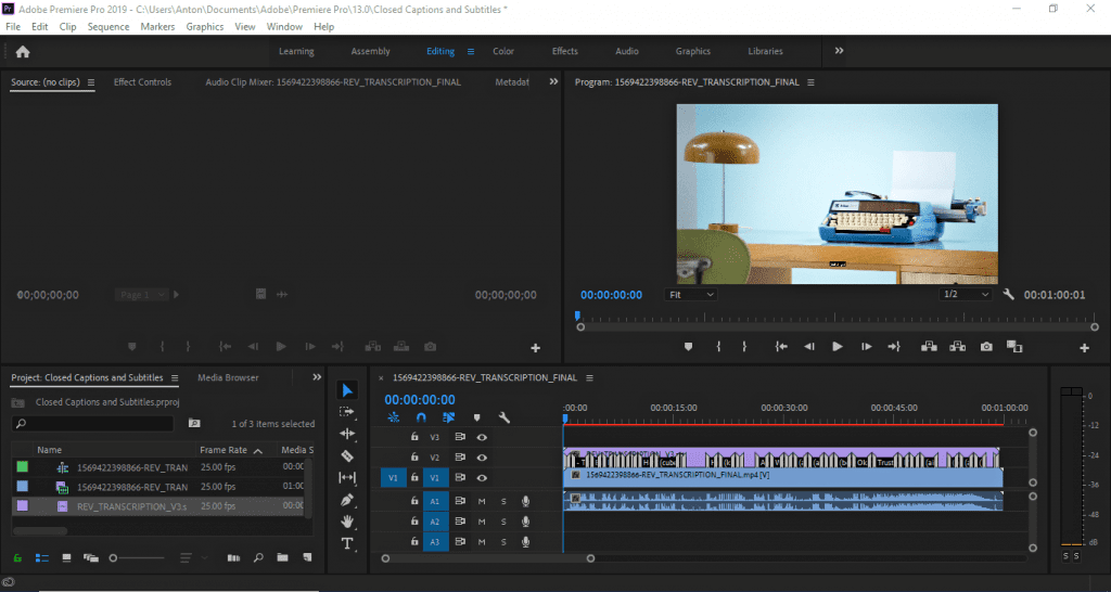 Screenshot showing Adobe Premiere Pro subtitles being placed in the video file.