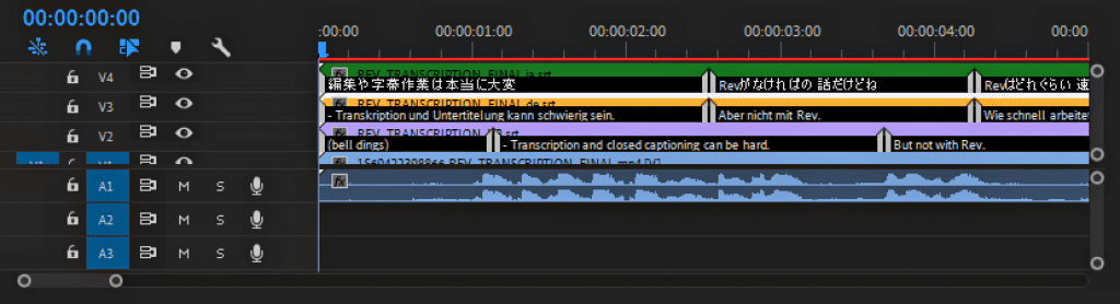 Adobe Premiere Pro subtitles being added in multiple languages.