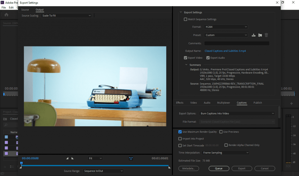 User exporting Adobe Premiere Pro caption file as a burned-in caption file.