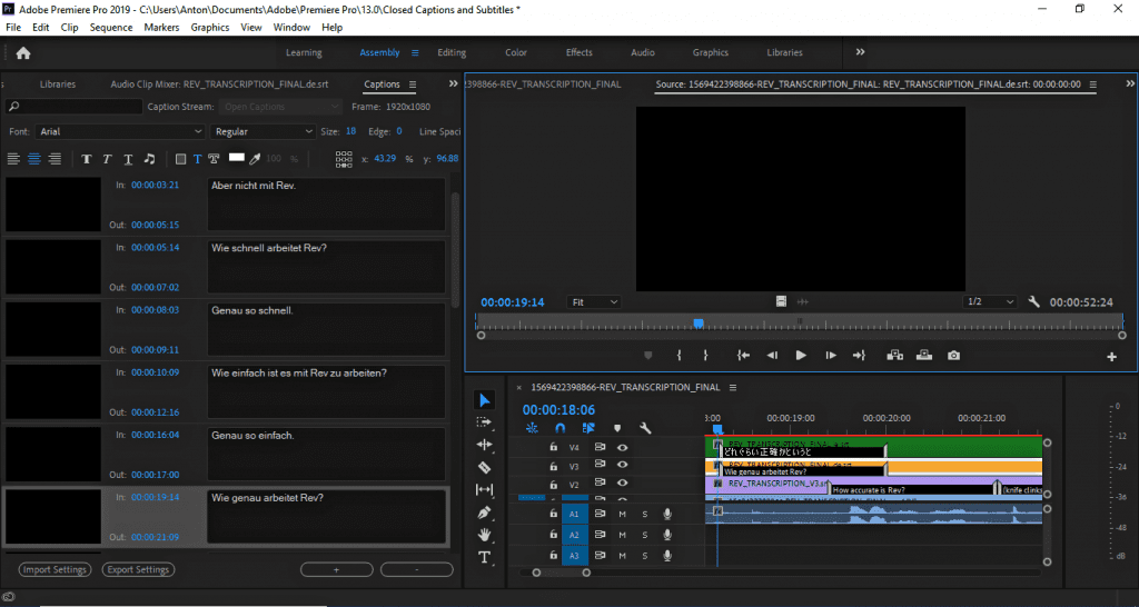 Adobe Premiere Pro subtitles in German being edited in the software.