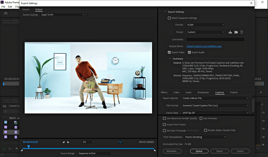 User performing steps to export Adobe Premiere Pro subtitles and captions as Sidecar file.