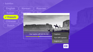 Collage style image featuring a black and white photograph of a horse overlooking a desert canyon. The image has illustrated and text overlays that read, “Your captions will look like this.” An illustrated toggle features options for “Turn off captions” and “English (en)”. In the top left corner, text reads: > Subtitles (English) (Korean) (Russian) (Italian) (French) (Chinese) (Dutch). Image coloring features various shades of purple. (CC) letters are featured in the bottom right side of the image.