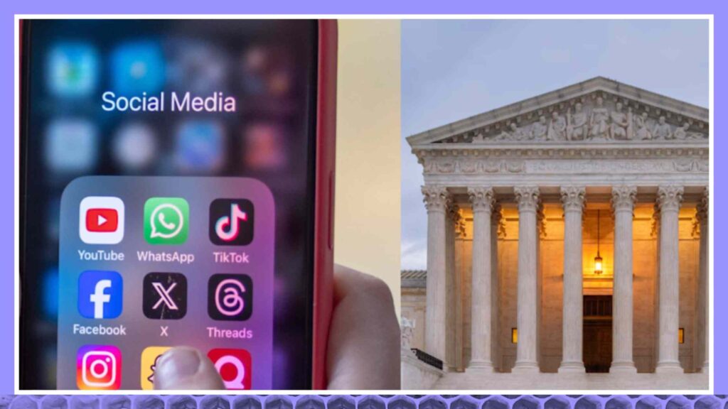 Image of a phone showing social media apps next to The Supreme Court building