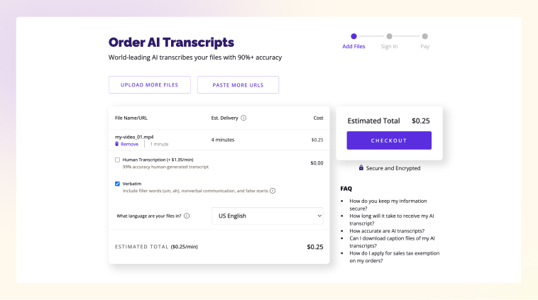 User interface of an AI transcription checkout screen displaying time and cost