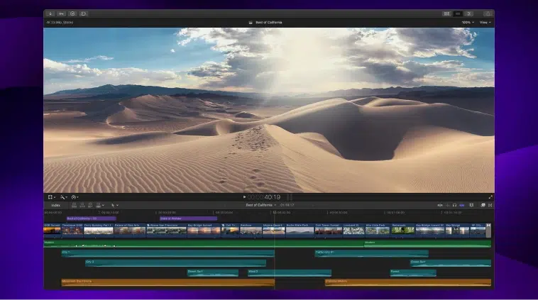 A Mac screen showing Apple Final Cut Pro being used to edit a video of a desert.