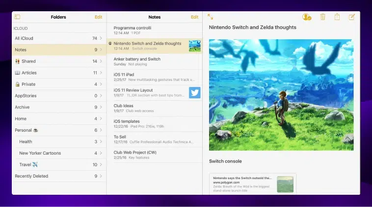 A screenshot of Apple Notes being used to take notes about Zelda on Nintendo Switch.