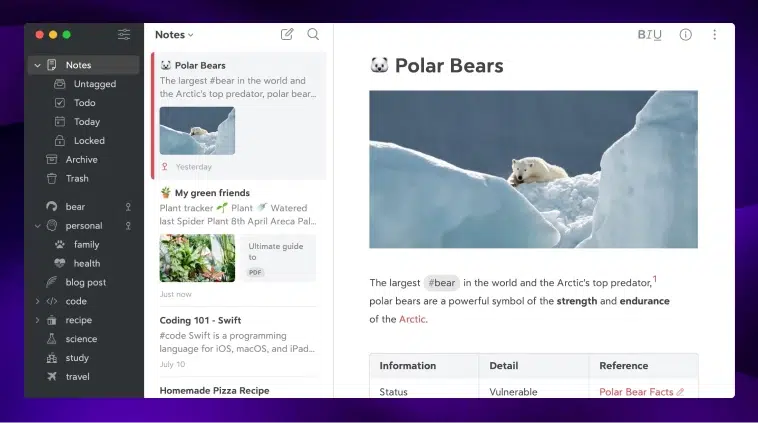 A screenshot of the Bear note-taking app being used to take notes about Polar Bears.