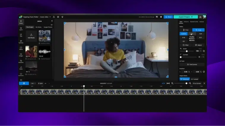 A screen showing someone editing a video of a girl playing ukulele in bed on the Kapwing video editor.