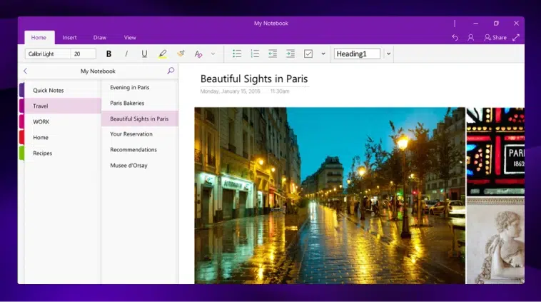 Microsoft OneNote screenshot showing a travel note about Paris.